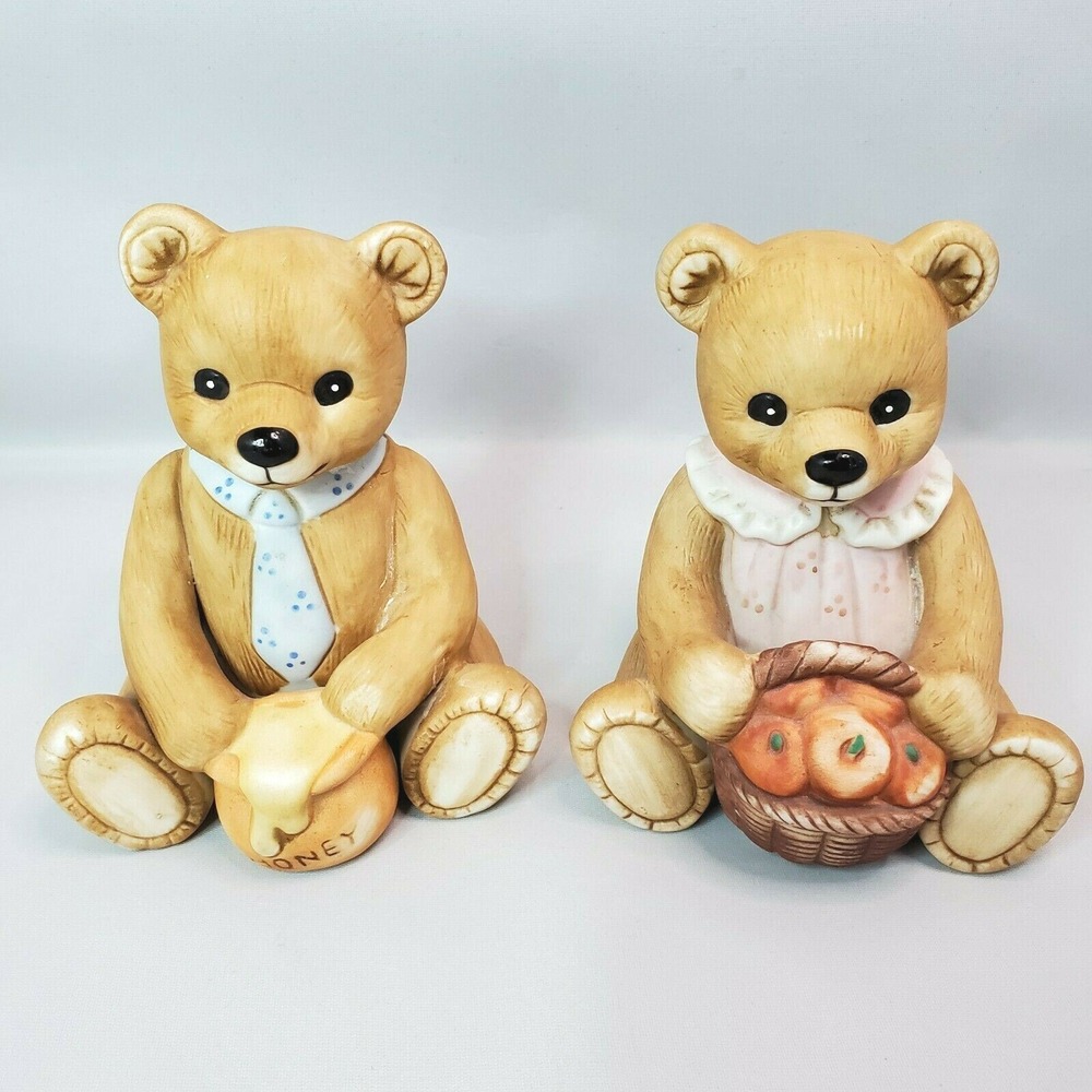 Vintage Homco Girl Bear with Basket of Apples Boy Bear with Honey Pot Figurine